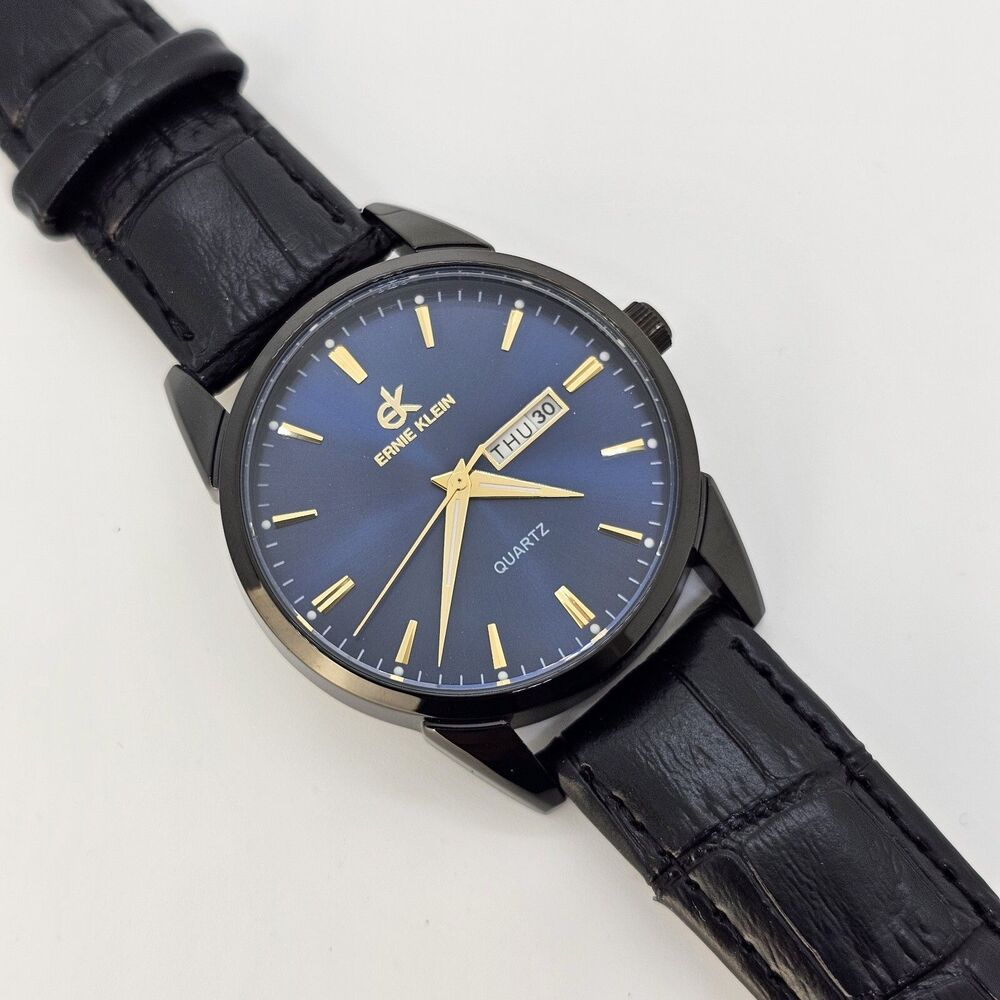 Ernie Klein 38MM Men’s Watch Blue Dial Black Case Day Date Black Leather Bands